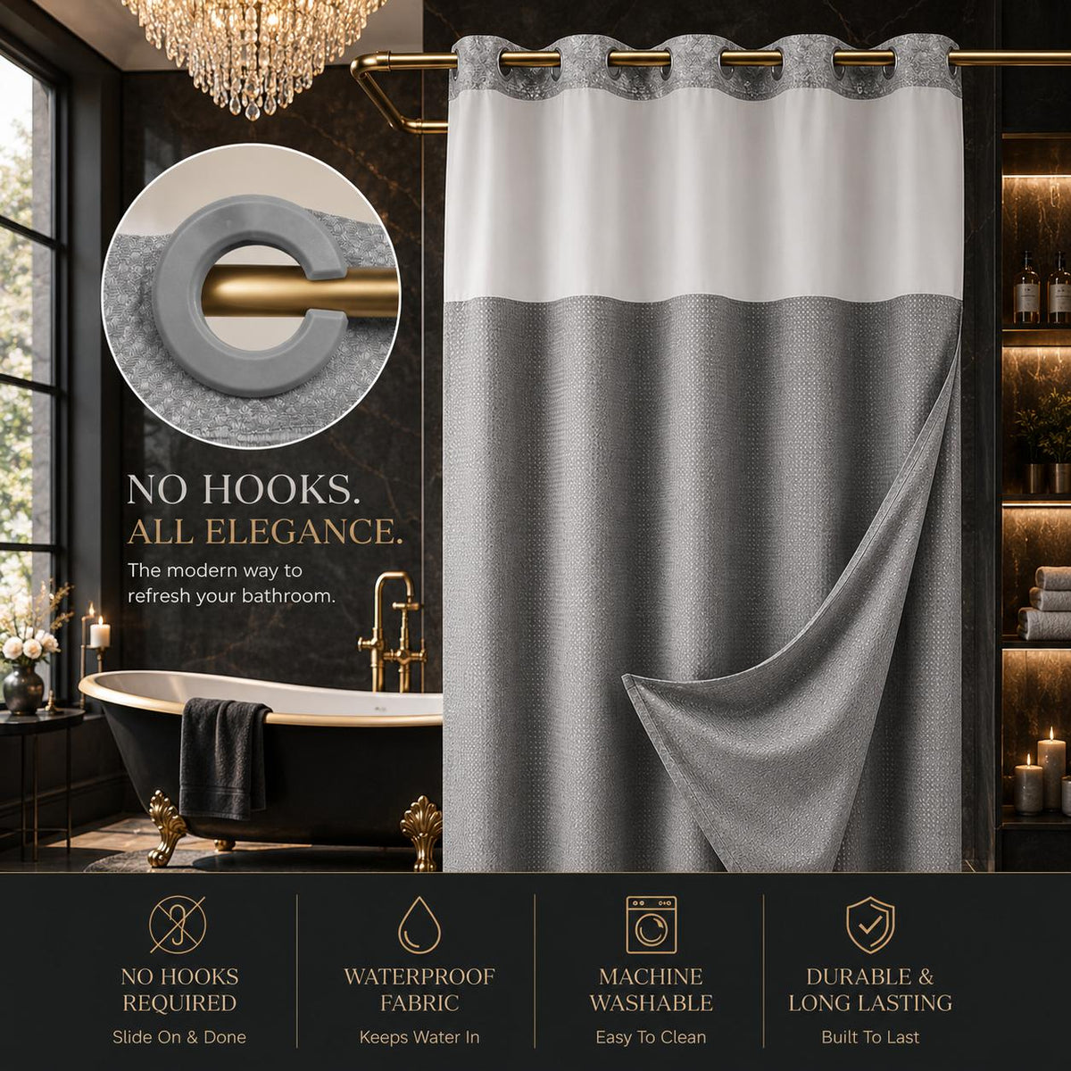 Hotel-Style Hookless Shower Curtain + Snap-In Liner (No Rings, No Mold, No Effort)