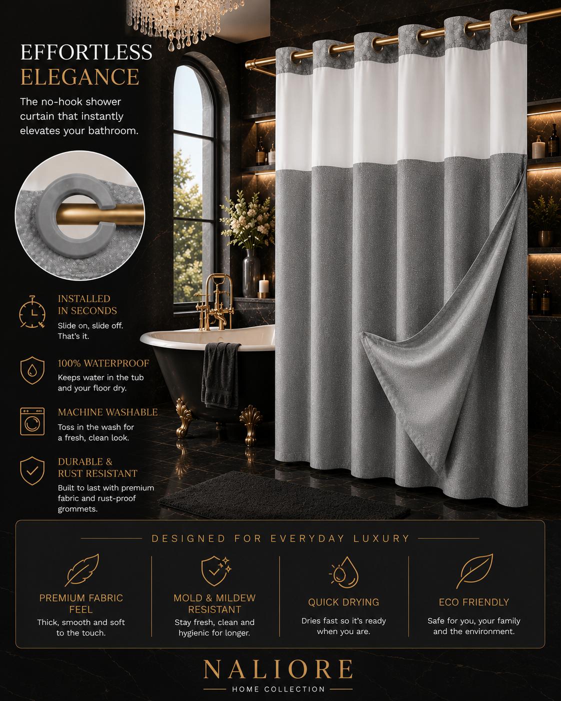 Hotel-Style Hookless Shower Curtain + Snap-In Liner (No Rings, No Mold, No Effort)