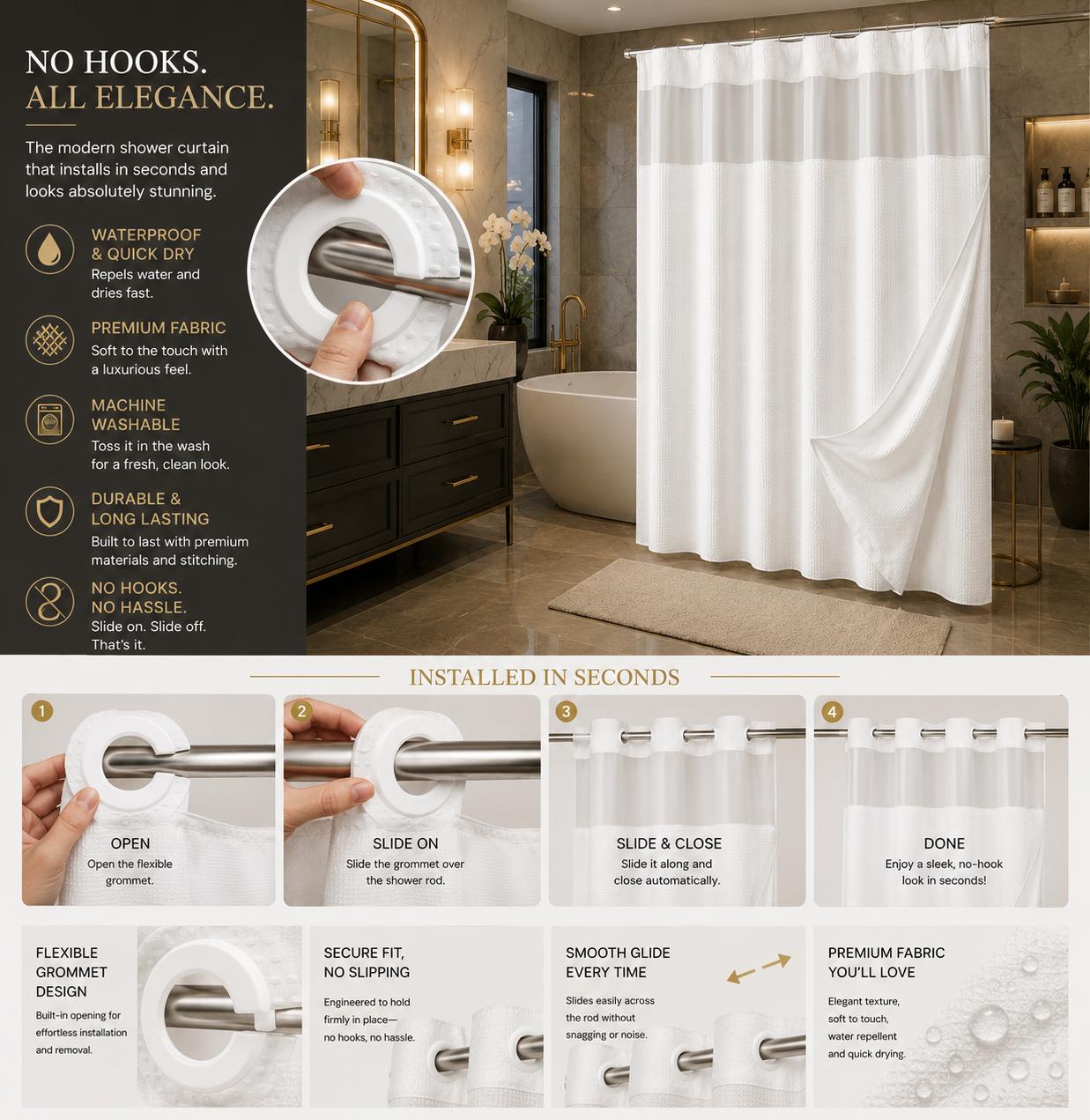 Hotel-Style Hookless Shower Curtain + Snap-In Liner (No Rings, No Mold, No Effort)