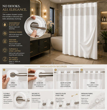 Hotel-Style Hookless Shower Curtain + Snap-In Liner (No Rings, No Mold, No Effort)