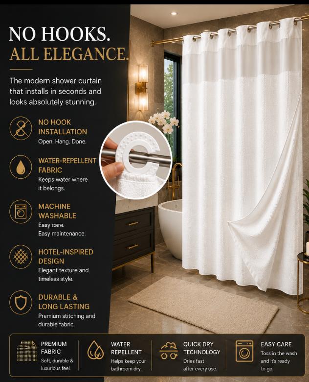 Hotel-Style Hookless Shower Curtain + Snap-In Liner (No Rings, No Mold, No Effort)
