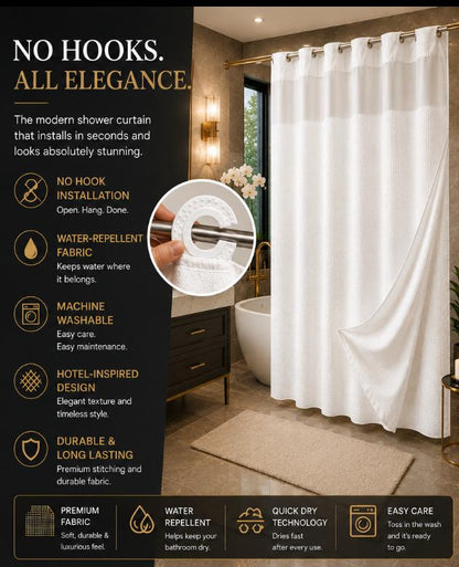 Hotel-Style Hookless Shower Curtain + Snap-In Liner (No Rings, No Mold, No Effort)