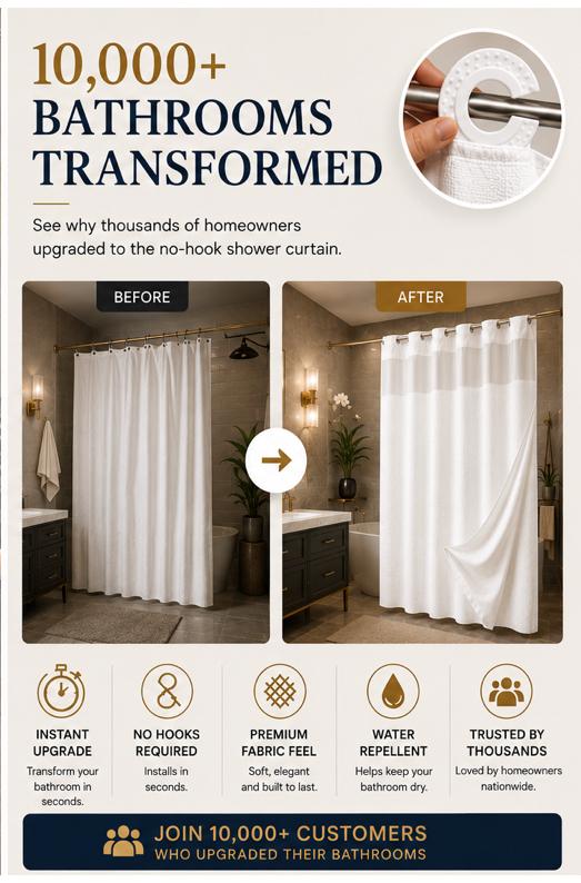 Hotel-Style Hookless Shower Curtain + Snap-In Liner (No Rings, No Mold, No Effort)