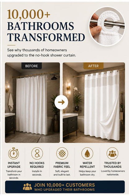Hotel-Style Hookless Shower Curtain + Snap-In Liner (No Rings, No Mold, No Effort)