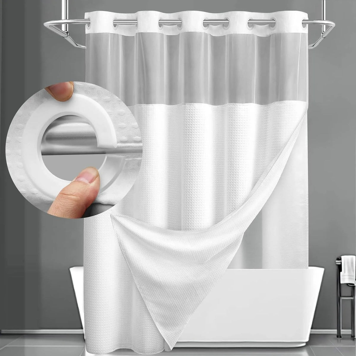 Hotel-Style Hookless Shower Curtain + Snap-In Liner (No Rings, No Mold, No Effort)