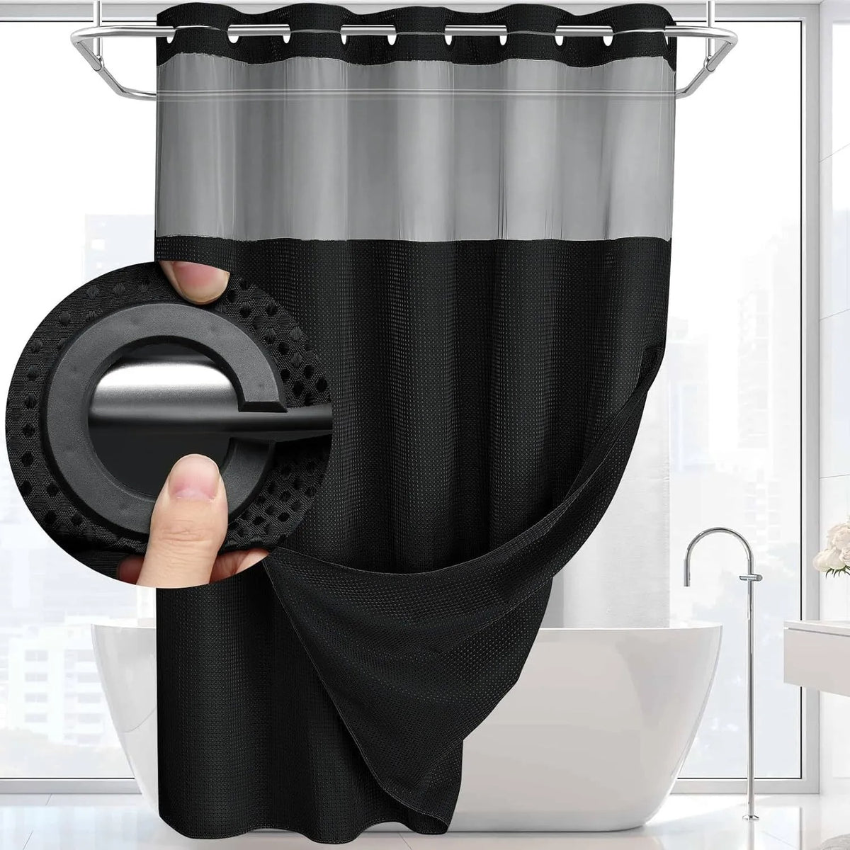 Hotel-Style Hookless Shower Curtain + Snap-In Liner (No Rings, No Mold, No Effort)