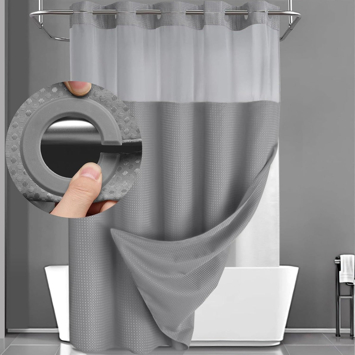 Hotel-Style Hookless Shower Curtain + Snap-In Liner (No Rings, No Mold, No Effort)